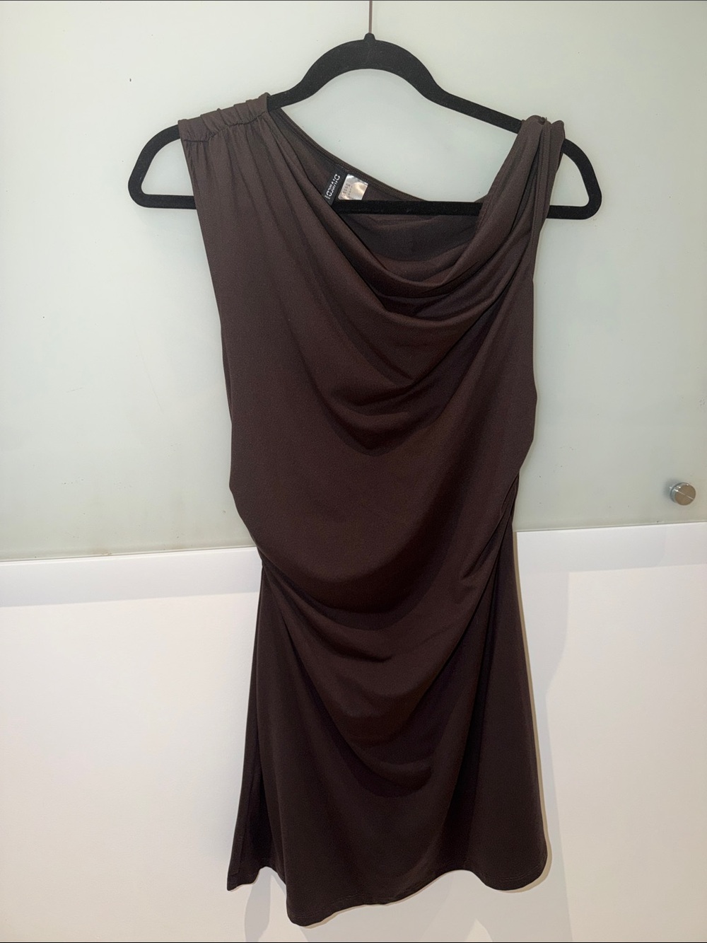 Divided One-Shoulder Draped Dress in Dark Brown